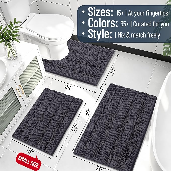 Smiry Thick Chenille Large Bathroom Runner Rugs 45x27, Bath Mat, Dark Grey | Quick‑Dry & Machine Washable, Non‑Slip Bath Carpet, Soft Striped Bath Rugs for Tub & Shower, Modern Home Decor Accessories