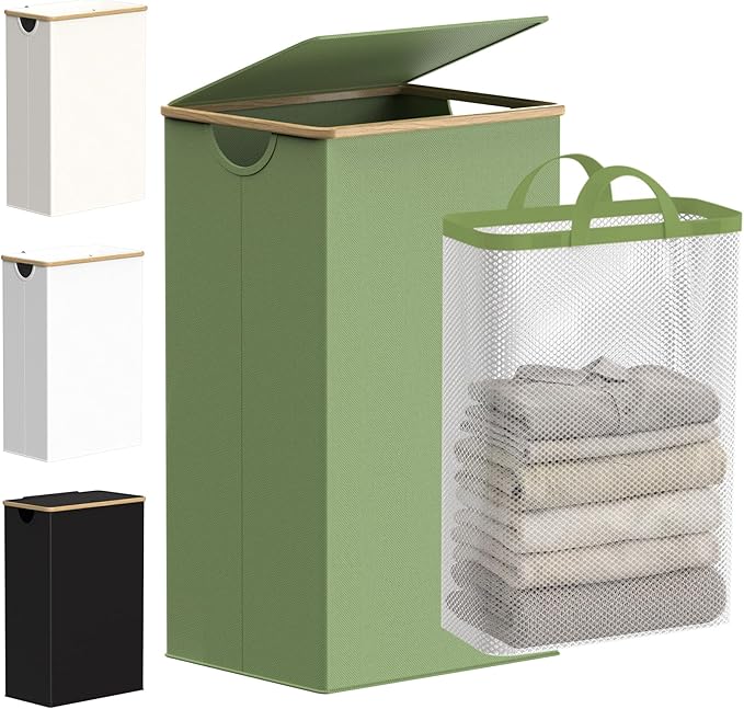 efluky 26 Gal Laundry Basket with Lid and Net Bag, Tall Laundry Hamper with Bamboo Handles, Aesthetic Dirty Clothes Bin for Laundry Room, Bathroom, Bedroom and Dorm, Green