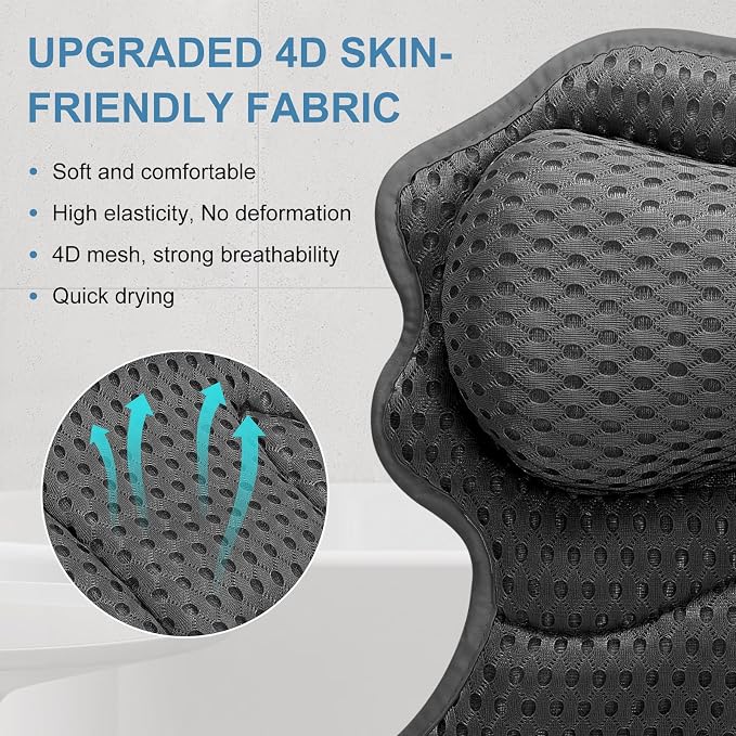 SetSail Bath Pillow, Bath Pillows for Tub Neck and Back Support, Black | Soft 4D Breathable Air Mesh Ergonomic Bathtub Pillow with 6 Strong Suction Cups and Hook Luxury Bathroom Accessories
