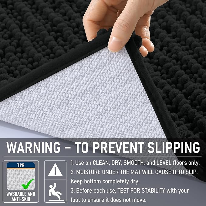 OLANLY Bathroom Runner Rugs 59x20, Thick Soft Absorbent Chenille Bath Rugs | Black, Quick-Drying Rubber Backing, Long Shaggy Bath Mat, Machine Washable for Floor, Tub and Shower, Home Decor Accessories