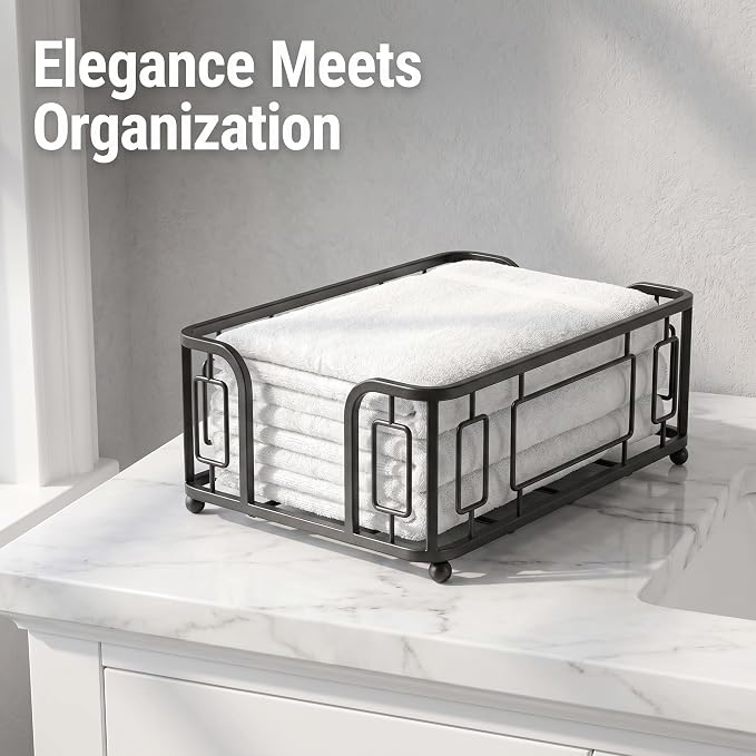 Guest Towel Holder Tray for Bathroom Countertop, Black Metal | Guest Bathroom, Powder Room & Vanity Use