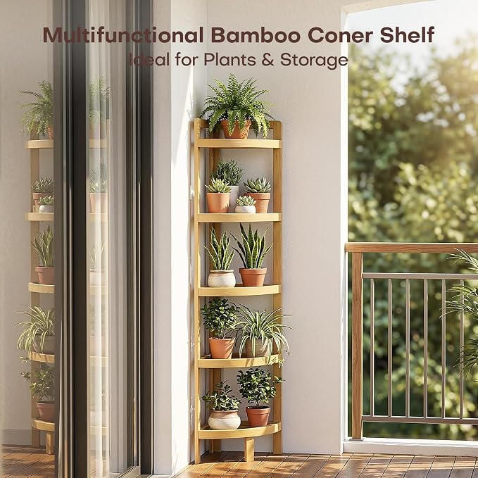 2026 New Bamboo Standing Shelf, 5 Tier Corner Shelf Stand, Free-Standing Shelf Units, Triangular Curved Corner Shelf Stand for Space-Saaving Display Ideal for Bathroom/Kitchen/Living Room Storage