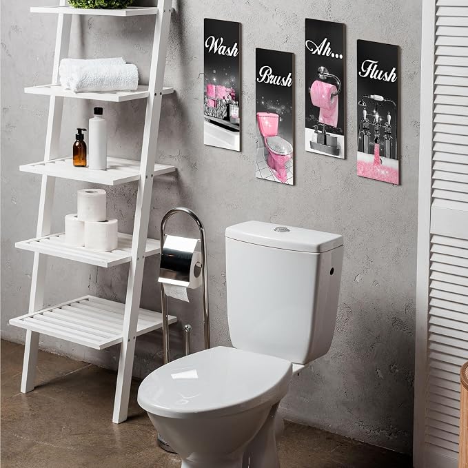 Honoson 4 Pcs Pink and Black Funny Bathroom Wall Art Decor Farmhouse Bathroom Pictures Wall Decor Wash Brush Flush Ah Wood Hanging Sign for Home Spa Laundry, 11.8 x 3.9 Inch