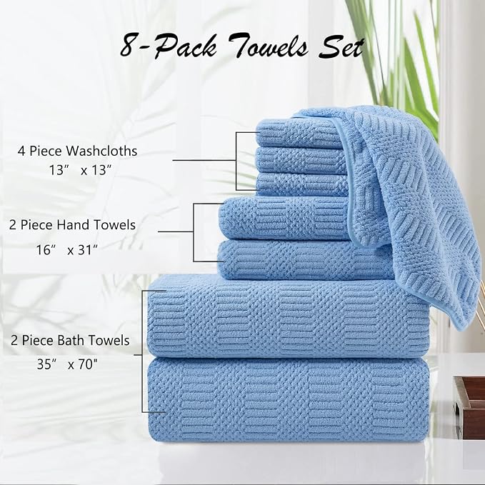 8 Pcs Blue Oversized Bath Towel Set-2 Extra Large Bath Sheets,2 Hand Towels,4 Washcloths Soft Bathroom Towels Highly Absorbent Quick Dry Beach Chair Towels Woven Towels for Hotel and Spa