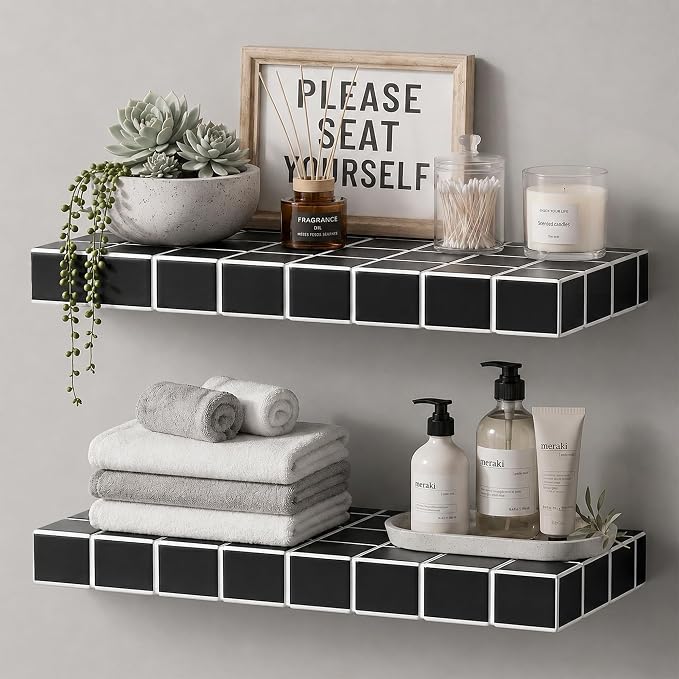 Floating Shelves, Set of 2, Black with White Lines | 15.7"W x 6.7"D x 1.5"H, set of 2, 25 lbs per shelf, 3D tile texture, splash-resistant, ~30 min assembly.