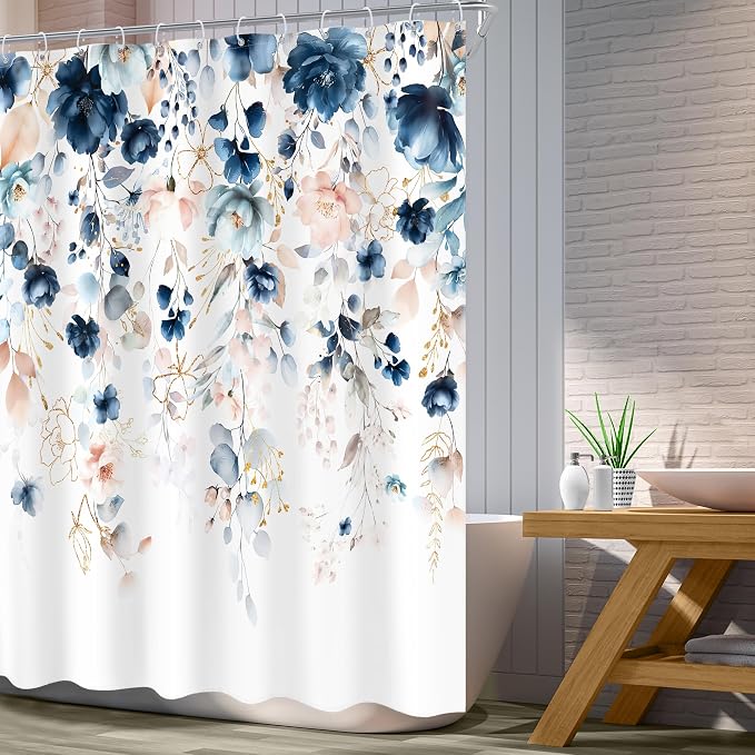 Small Stall Flower Blue Pink Spring Bathroom Shower Curtain Set | 54"W x 78"L Floral Wilfflower design with waterproof HD artwork, quick-dry fabric and hooks for easy hanging.
