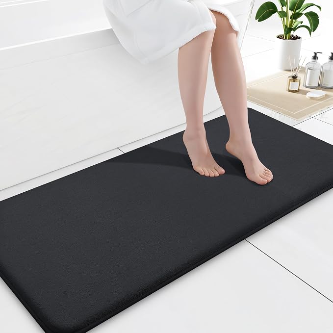 Smiry Memory Foam Bath Mat 47x20, Extra Soft and Absorbent Bathroom Rugs | Black, Quick Dry Machine Washable Non-Slip Bath Mat for Bathroom Floor, Shower and Tub
