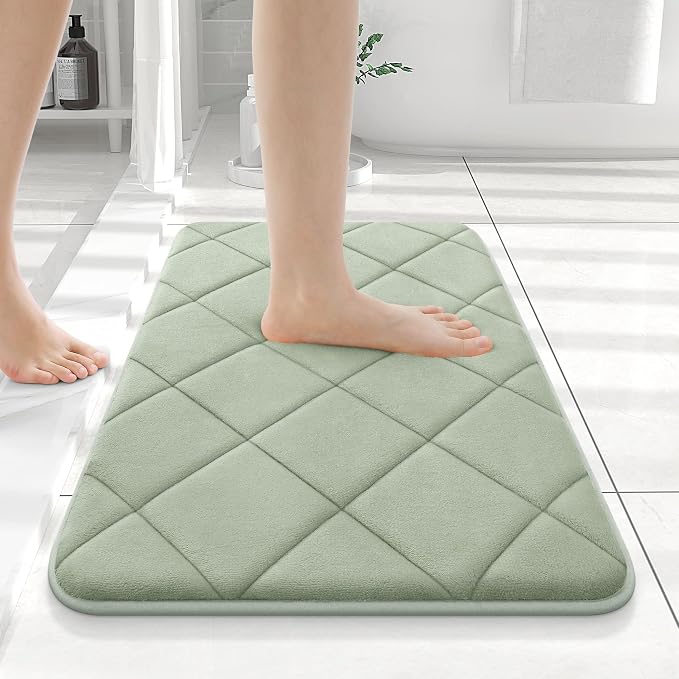OLANLY Memory Foam Bath Mat 24x16, Ultra Soft and Absorbent Bathroom Rugs | Sage Green, Quick Dry, Machine Washable Shower Bath Rugs, Comfortable Bath Carpet for Bathroom Floor, Tub and Shower