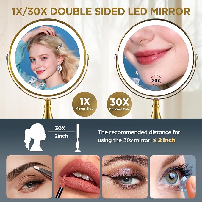 Makeup Mirror with Lights, 30X Golden Magnifying Mirror | 5000mAh Rechargeble Double Sided Mirror - Side Charge & Touch, Brightness Adjustable with 3 Colors, 360°Swivel Vanity Mirror