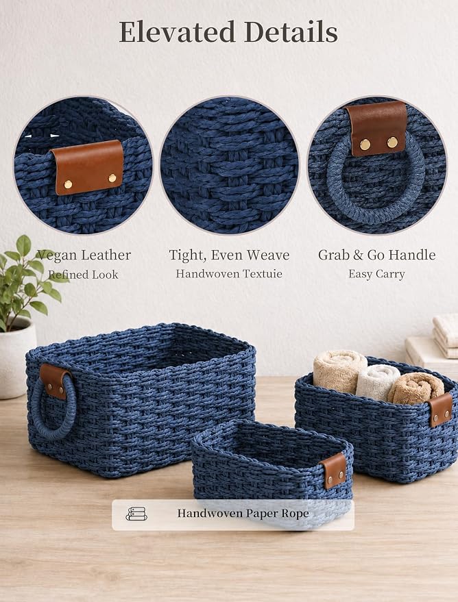 Small Wicker Baskets, 3 PCS Paper Rope Baskets for Shelves, Blue | Recycled Small Baskets, 3 Sizes Woven Baskets for Organizing, Decorative Storage Baskets for Bedroom and Bathroom