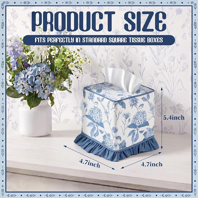 Blue Fabric Ruffle Tissue Box Cover Floral Print Cotton Tissue Box Decorative Square Napkin Holder Vintage Cottagecore Home Decor for Bathroom Bedroom Vanity Countertop Home Office Kitchen