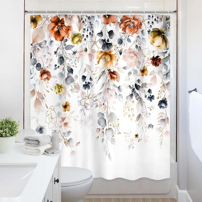 Yellow Orange Floral Pastel Watercolor Rustic Bathroom Shower Curtain Set | 60"W x 72"L Flower Eucalyptus design with waterproof HD artwork, quick-dry fabric and hooks for easy hanging.
