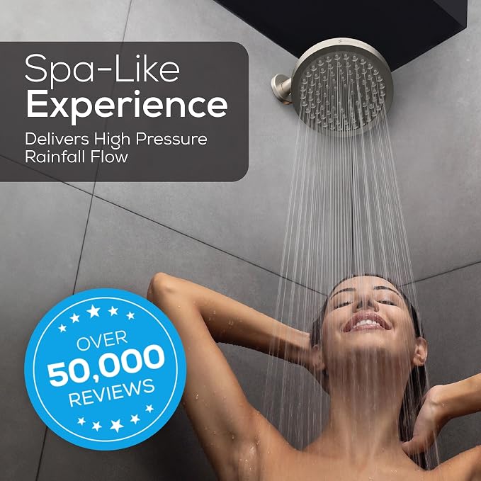 SparkPod Rain Shower Head, 6 Inch Round, Elegant Brushed Nickel Finish | High Pressure Shower Heads, 90 Nozzles, Adjustable Showerhead, No Tools Needed, Universal Connection