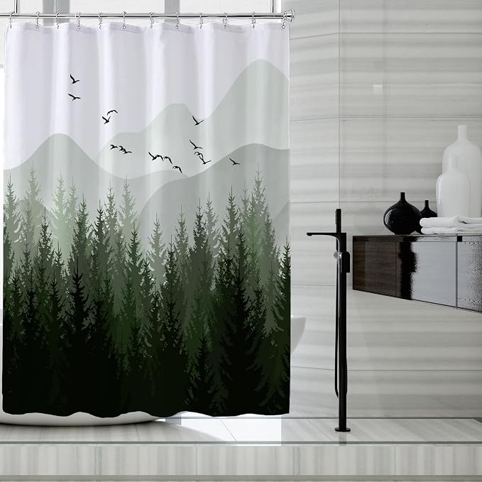 LLSCL Fabric Shower Curtain Liner with Magnets, Green Forest Waterproof Hotel Quality, 72 x 72 Machine Washable