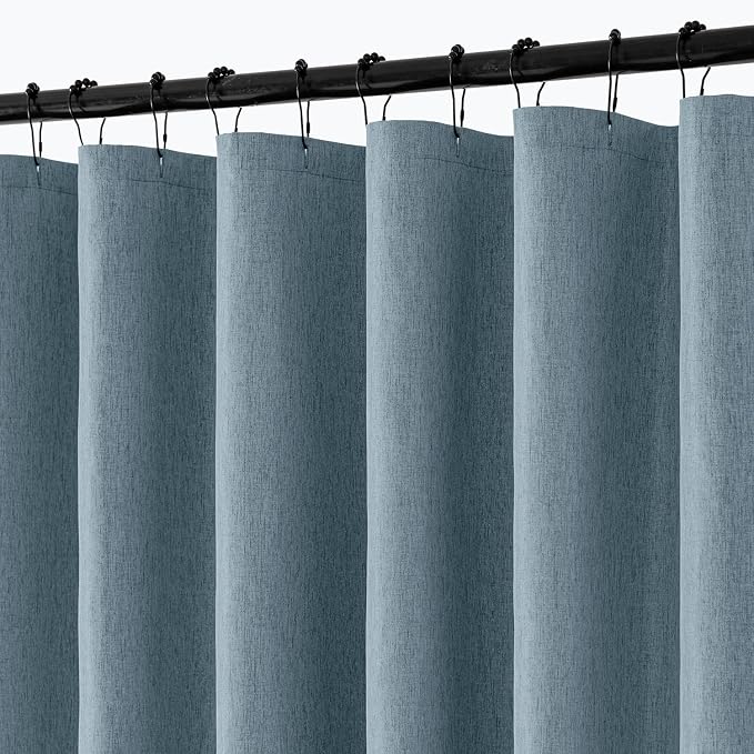 ANRODUO Dusty Blue Extra Long Linen Fabric Shower Curtain Set - W72xL96 | Farmhouse Shower Curtain with 12 Metal Hooks, Waterproof Heavy Duty, Button Hole Design, Machine Washable for Bathroom