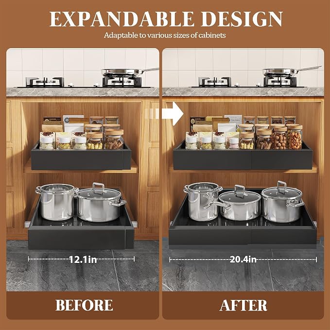 Seinloes 6 Pack Expandable Pull Out Cabinet Organizer 21"Deep With Raising Pad for Framed Cabinets,Upgrade 3 Slide Rails Slide Out Drawers,No Drill Roll Out Shelves,Adjustable Width 12.1"-20.4" Black