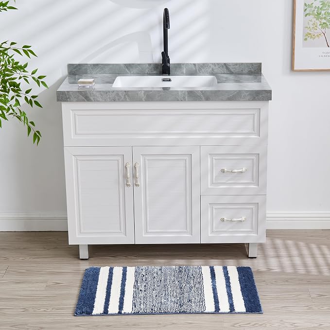 CozeCube Navy Blue Striped 24"x16" Non Slip Washable Bath Mat | For Bathroom, Fluffy Absorbent Microfiber Bath Mats Machine Wash, Stylish Small Aesthetic Bathroom Rugs