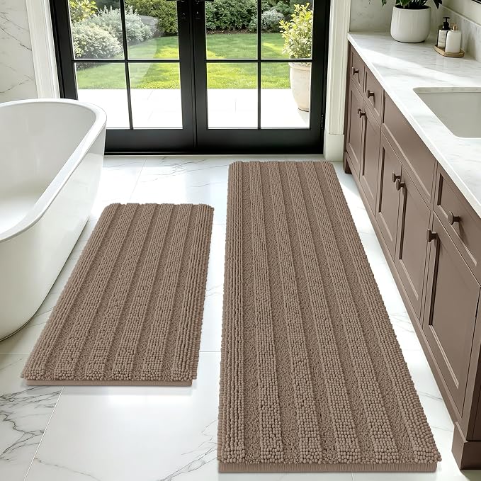 Striped Dark Beige Bathroom Rug Mat Set 2 piece 32"x20"+60"x20" Ultra Soft, Non Slip Chenille Bath Rugs, Absorbent Plush Shaggy Bath Mats for Bathroom, Bedroom, Kitchen, Shower, Tub,Taupe