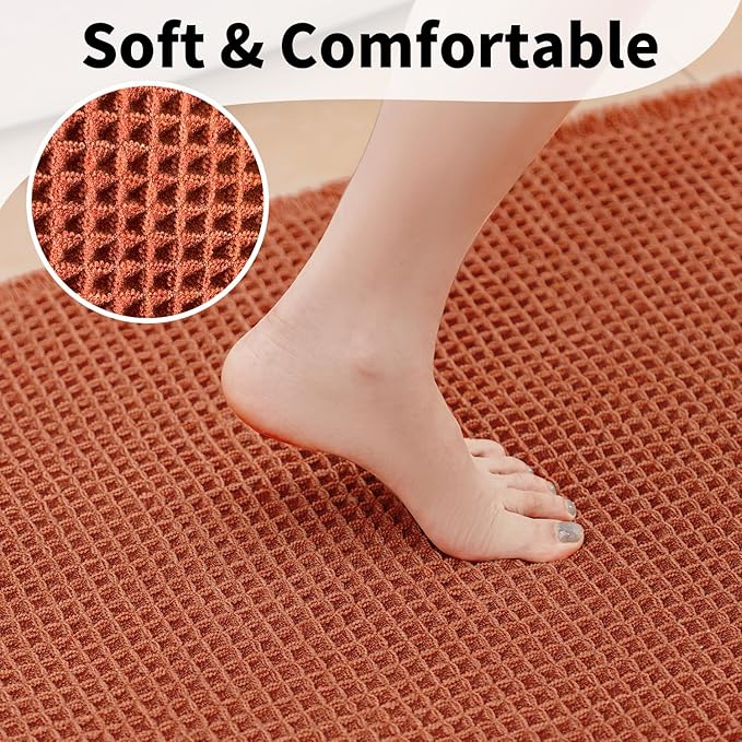 Burnt Orange Bathroom Rug, Fall Waffle Bath Mat Runner, 24" x 72" | Super Absorbent Quick Dry Bath Runner, Washable Waffle Weave, Non Slip Boho Farmhouse Bathroom Fall Decor for Sink or Tub