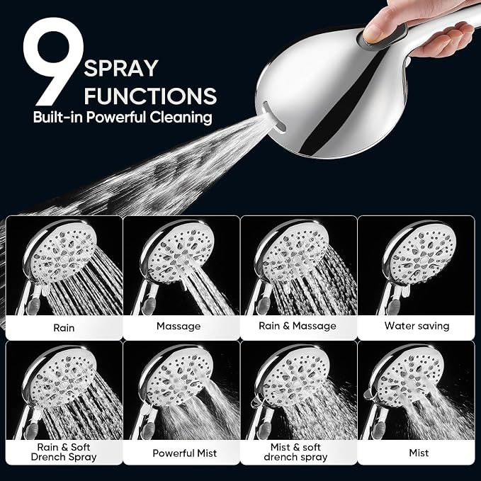 Cobbe 9 Spray Modes Handheld Shower Head, Water-Saving, Chrome | Power Rinse, 1-Click Pause & Flow Control, 6ft Stainless Steel Hose, Adjustable Brass Bracket