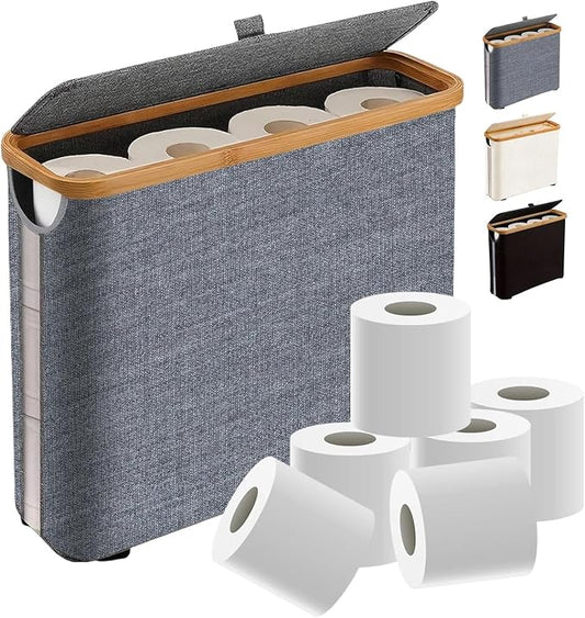 Toilet Paper Roll Storage Basket with Lid for 12 Rolls | Slim Organizer for Small Spaces, Anti-Slip Base, Outer Handles, Waterproof, Foldable Design, Bathroom & Motorhome, Grey 30L