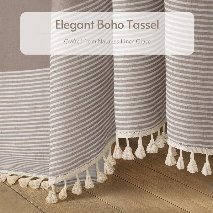 Taupe Farmhouse Linen Striped Shower Curtain with Tassel 72"W X 72"L | Boho Farmhouse Shower Curtains with Linen Texture for Bathroom Decor