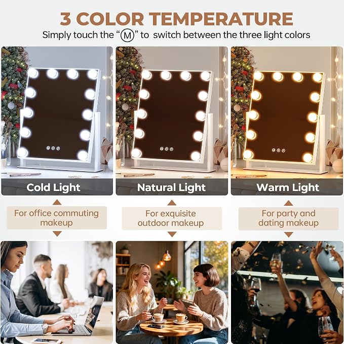 Vanity Mirror with Lights, 12 Bulbs Makeup Mirror with Smart Touch Control, 3-Color Dimmable Lighting, 360° Rotation