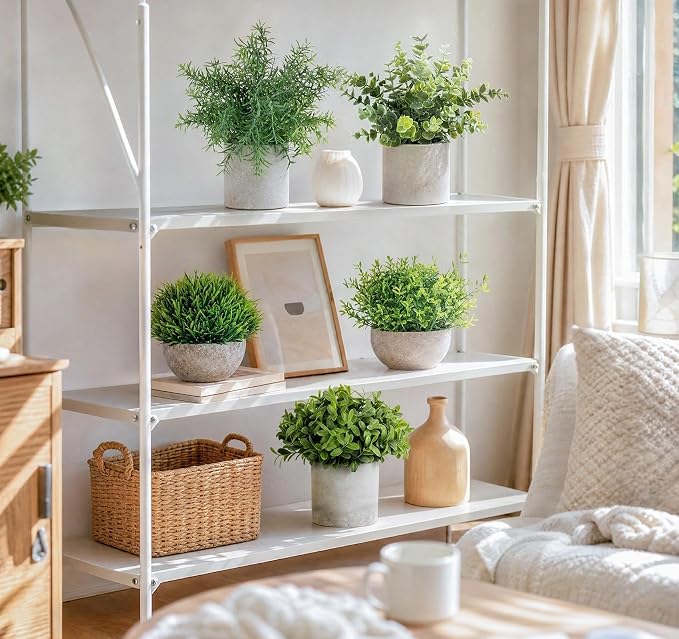 Fake Plants,5 PCS Small Artificial Greenery Eucalyptus Plant Indoor in Pots | Lemonfilter Plastic faux Plants Indoor with Pulp Pot, Small Plant Decor for Table Shelve Bathroom Kitchen Rustic Farmhouse