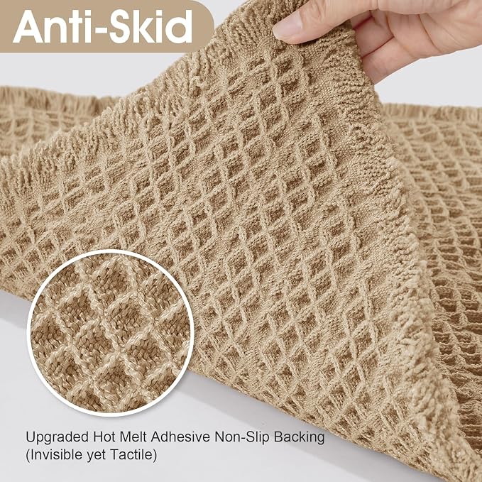 Upgraded Waffle Bath Mat Set 3 Piece Beige-Herringbone, Super Absorbent Non-Slip Quick Dry Bathroom Rugs with Tassels, Machine Washable Ultra Soft Boho Bath Rugs, Toilet Mats Boho Farmhouse Decor