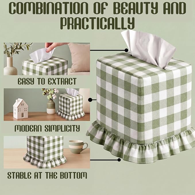 Green Gingham Tissue Box with Ruffled Cover Cottagecore Handmade Decorative Gingham Napkin Holder for Home Bedroom Living Room Bathroom Vanity Countertop Car Office Kitchen