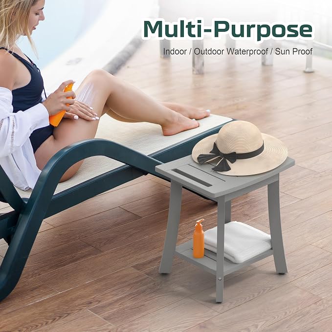 Waterproof HIPS Shower Bench for Inside Shower, Shower Stool, Grey | Ergonomic design, For seating and leg shaving, Wood-Look texture, Easy care, Storage shelf, Non-slip leveling feet, 350 lb