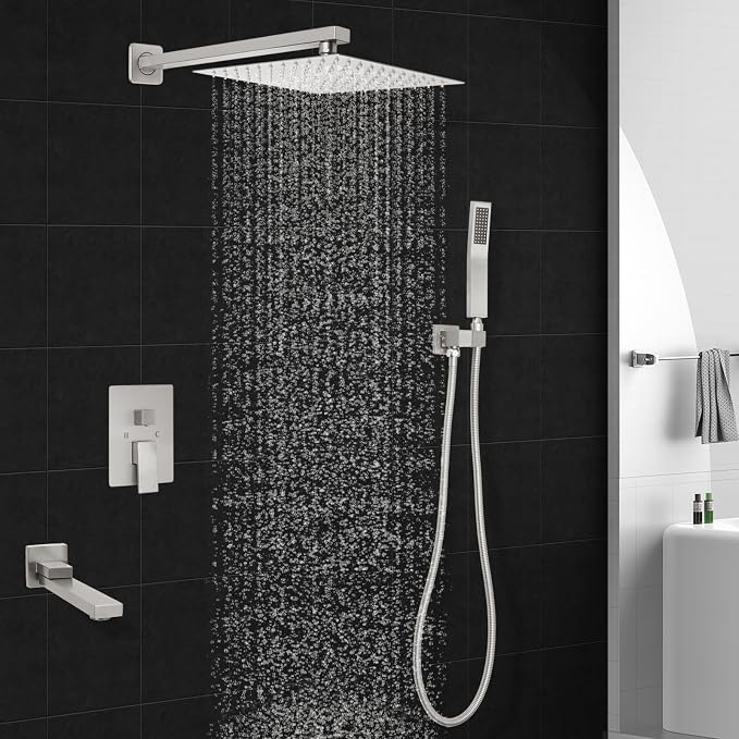 Brushed Nickel Square Rainfall Shower Head Set with Handheld & Faucet, 12" | Wall Mounted Bathroom Shower Faucet, 12 Inch Square Head, With Shower Valve, Rustproof Brushed Nickel, High Pressure Raindrop