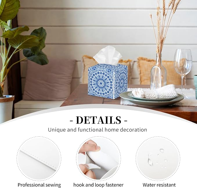 Boho Mandala Flower Tissue Box Cover Square, Blue and White Porcelain Floral Tissue Box Holder Waterproof Leather Facial Paper Organizer Dispenser for Bathroom Home Car Nightstand Vanity Desk
