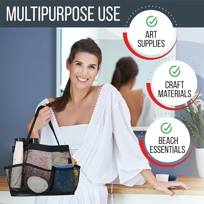 Masirs Shower Caddy Mesh - 9 Pocket Portable Bathroom Organizer Tote for Travel, Gym & Dorm - Collapsible Small Shower Caddy Bag to Hold Toiletries & Essentials (Black)
