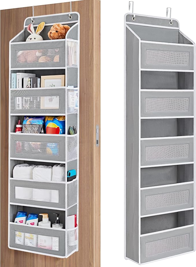 JARLINK Over the Door Organizer for Bedroom, Pantry, Bathroom, 5 Shelf Grey | Anti-Tilt Design, 44 lb Load Capacity, Hanging Door Organizer with 5 Large Capacity Pockets, Behind Door Storage for Nursery