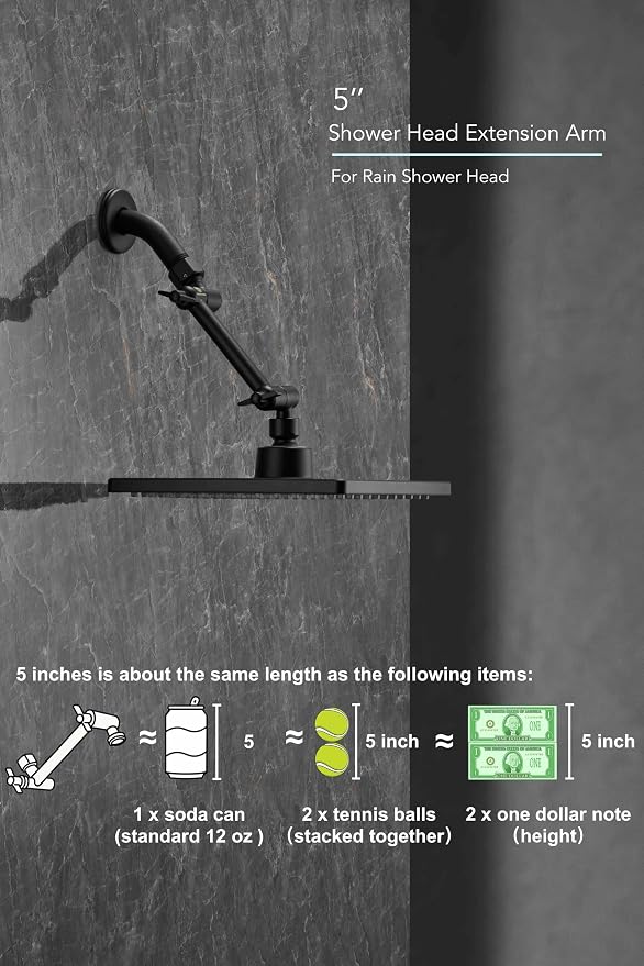 5 Inch Adjustable Shower Head Extension Arm With Locking Set Screw, Singing Rain Metal Matte Black Angle Height Adjustable, Easy To Install, G1/2 Universal Connector Compatible (Matte Black Finish)