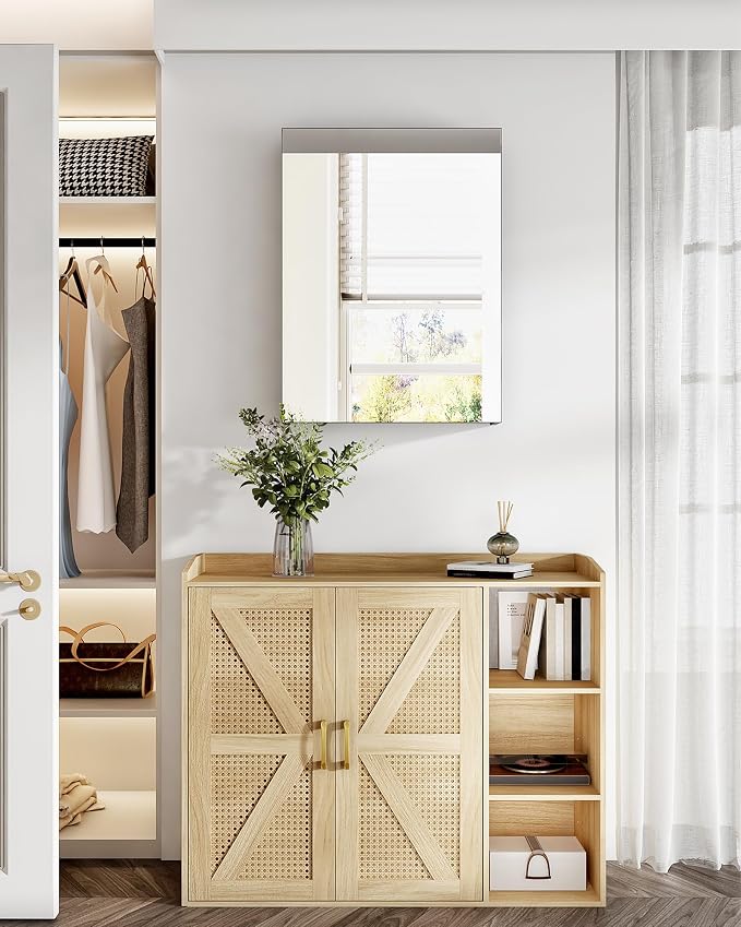 Bathroom Medicine Mirror Cabinet, 17.7'' x 23.6'', Wall-Mounted Bathroom Vanity with Mirror, Bathroom Medicine Cabinet with Storage Function, Hanging Storage Cabinet, Adjustable Shelves, Black