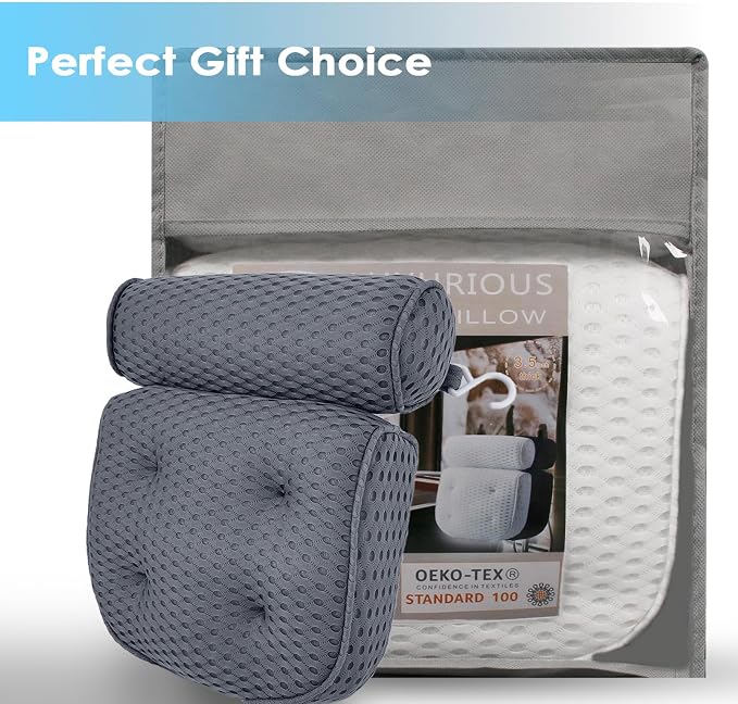 AEROiVi Luxury Bath Pillows for Tub Soft Mesh Strong 6 Suction Cups Gray | Bath Pillow with laundry bag head and neck support Relaxing Bath Washable Quick-Dry Bath Accessories Spa Gifts