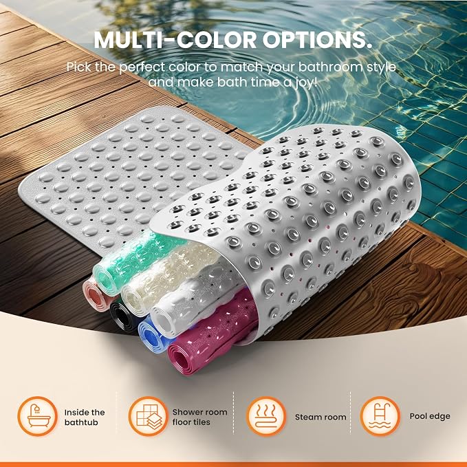 Non-Slip Bath Tub Mat, 39x16 Inch Extra Large Shower Mat with Drain Holes & Suction Cups, Machine Washable, Grey