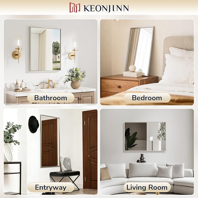 Keonjinn 30 x 36 Inch Brushed Nickel Bathroom Vanity Mirrors for Over Sink | Beveled Metal Frame, Rectangular Rustic Bathroom Mirror for Wall, Tempered Glass, Anti Rust, Square Corner, Farmhouse Style