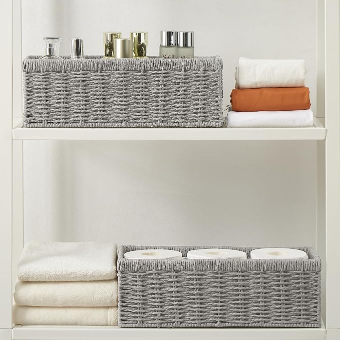 Wicker Storage Basket, Paper Rope Wicker Baskets with Handles, Toilet Paper Basket for Toilet Tank Top, Small Wicke Baskets for Organizing Shelves, 2-Pack, Grey