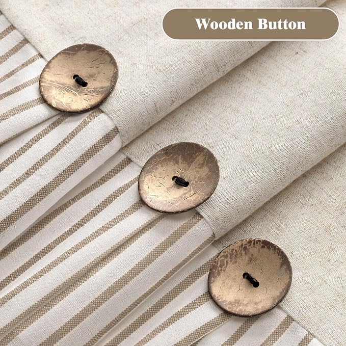 Farmhouse Shower Curtain Linen Button Beige Stripe 72" W x 84" L | Farmhouse Style, Chic Button, Striped, Linen Fabric, Rustic, Country, Natural Look, Washable, for Bathroom Bathtub