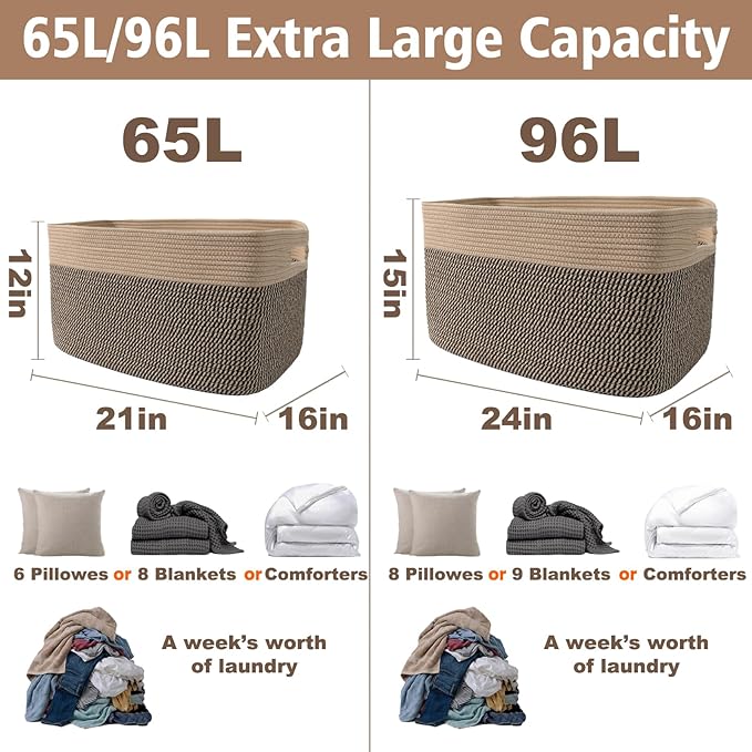 JMvicyroam 65L Large Woven Cotton Rope Blanket Basket, Jute&Black | Blanket storage for living room or bedroom use, Freestanding with reinforced handles, Entire basket is machine washable