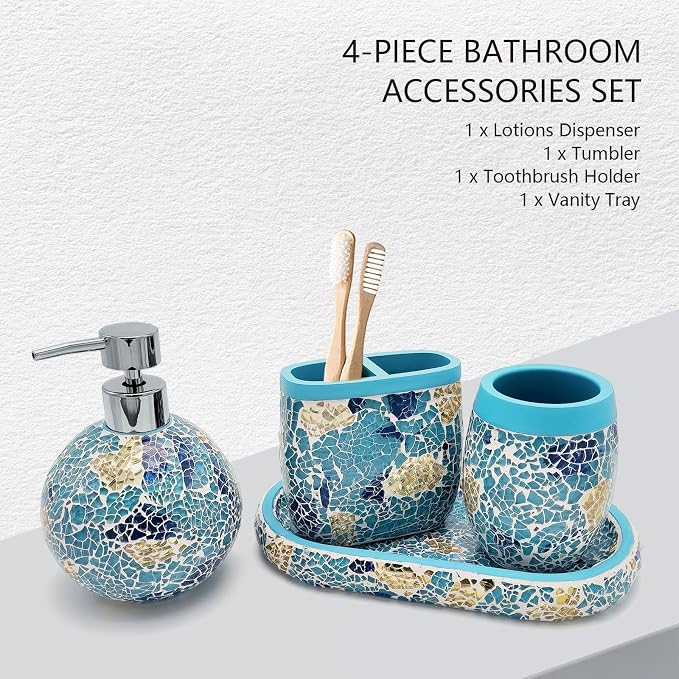 Handmade Blue Mosaic Glass Bathroom Accessory Sets 4PCS Bathroom Accessories Set Complete Includes Lotion Dispenser Toothbrush Holder Tumbler Cup & Vanity Tray