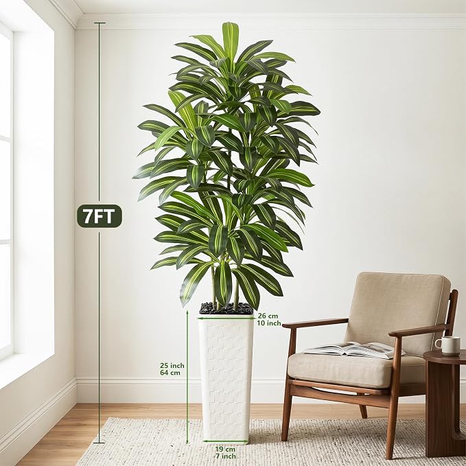 Artificial Dracaena Tree Indoor, 7FT Tall Fake Floor Plants with White Planter & Pebbles, Faux Silk Yucca Tree for Home Office Living Room Bedroom Farmhouse Modern Outdoor Topiary Tree