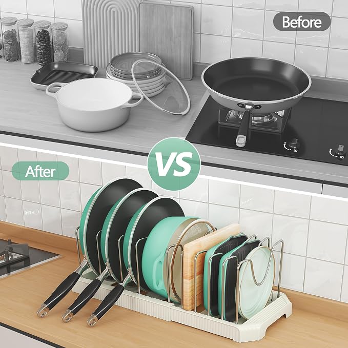 Expandable Pan Organizers Inside Cabinet with 10 Dividers White | Extends 12.9-21.9", Holds cookie sheets, cutting boards, pot lids and pans, iron dividers, plastic base, under cabinet rack