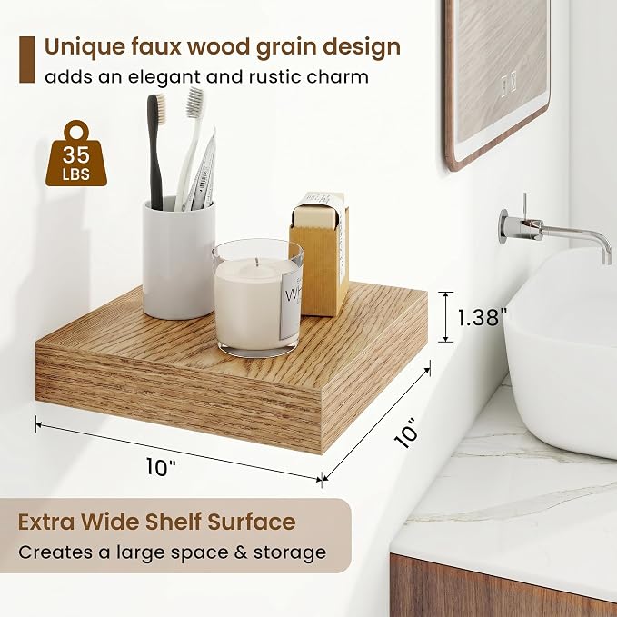 Marsmiles 9.25in Depth Floating Shelves, 10x10x1.4, Light Brown, Set of 3 | Small Wall Mounted Square Shelves, Engineered Wood, Invisible Brackets, Living Room, Bedroom, Bathroom, Kitchen Decor