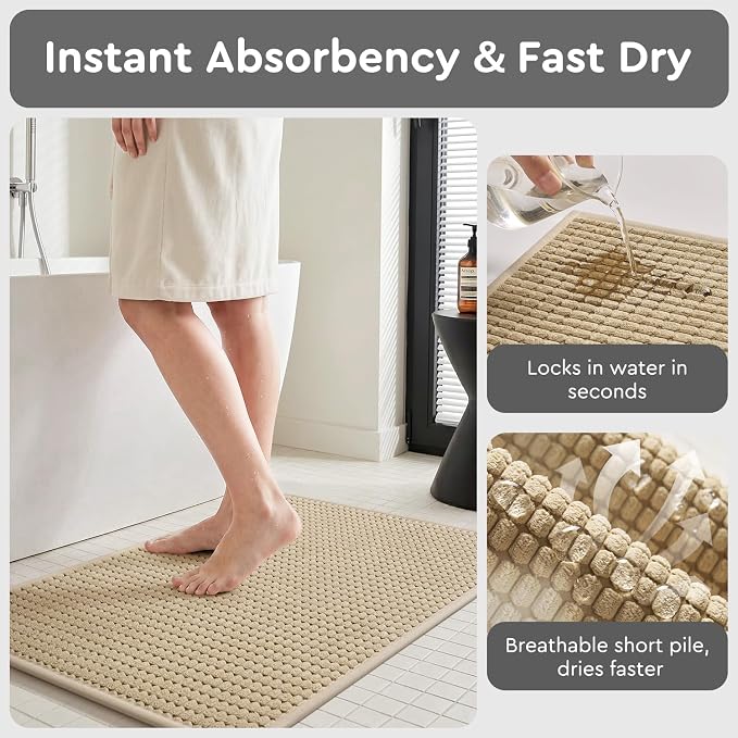 tchdio Bath Mat, Absorbent Bathroom Mat Quick Dry, Thin Bathroom Rugs Fit Under Door, Non Slip Washable Bath Rugs with Solid Rubber Backing, Low Profile Bath Mats for Bathroom, Beige, 24" x 36"