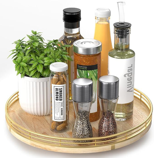 AMH 12-Inch Farmhouse Oak Lazy Susan Cabinet Organizer | Smooth rotating oak tray with walnut finish for dining tables, kitchen counters, pantries and cabinet storage.