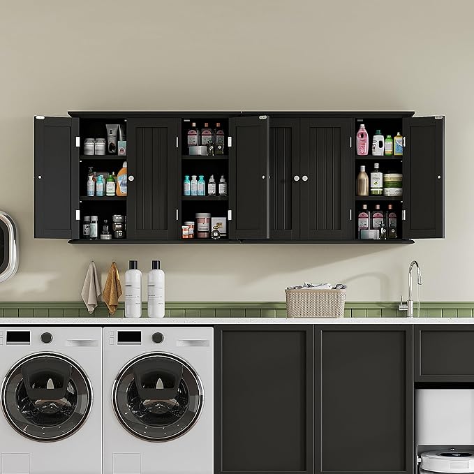 ChooChoo Laundry Cabinet with 3 Doors and Adjustable Shelves | 9.06"D x 31.1"W x 24"H, Bathroom Wall Cabinet, Cupboard, Black